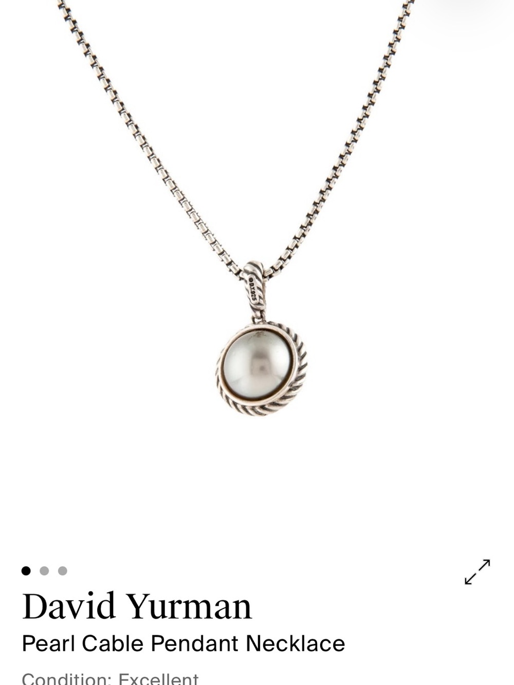 David Yurman Sterling Silver Cable Pendant with White Pearl